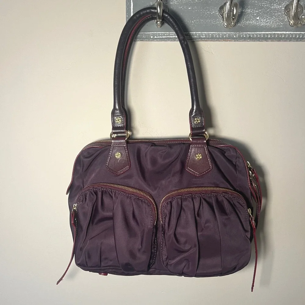 MZ Wallace Jane Satchel Bag Eggplant Plum Purple Nylon Leather Trim Designer‎